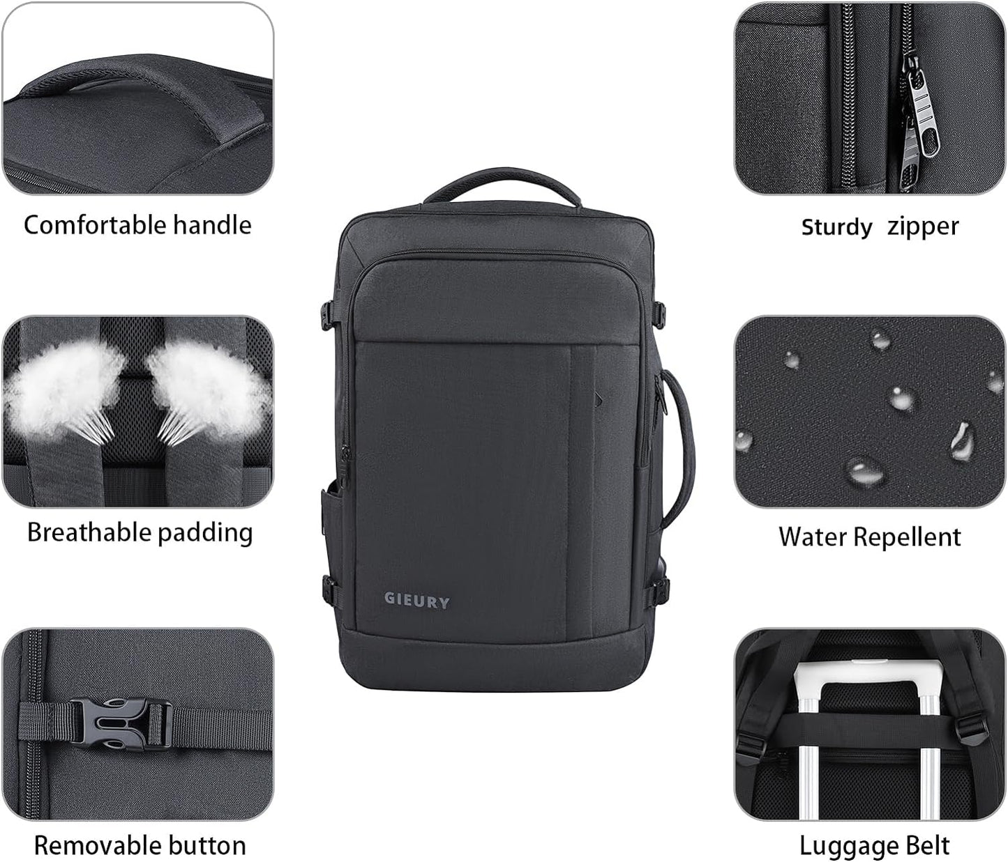 Carry On Backpack, 50L Travel Backpack, Luggage Backpack TSA Flight Approved Laptop Backpack for Men & Women, Large Expandable 40L Daypack Lightweight Business Weekender Bag, Black