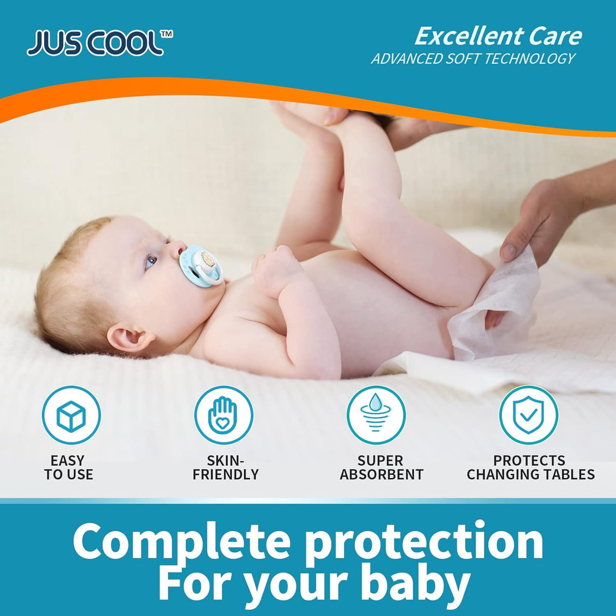JUS COOL Baby Disposable Changing Pads, 24”x 24”(100 Count) Underpads Portable Diaper Changing Pads, Soft Bed Pads Ultra Absorbent and Waterproof