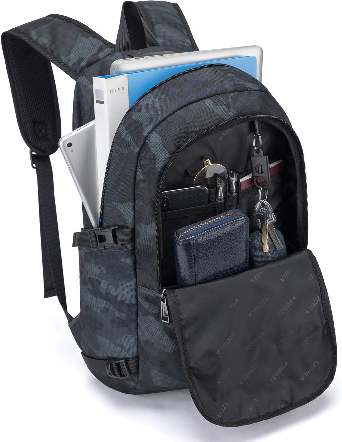 Tzowla Business Laptop Backpack Water Resistant Anti-Theft Backpack with USB Charging Port and Lock 15.6 Inch Computer Backpacks for Women Men, Casual Hiking Travel Daypack (Navy Blue Camo)