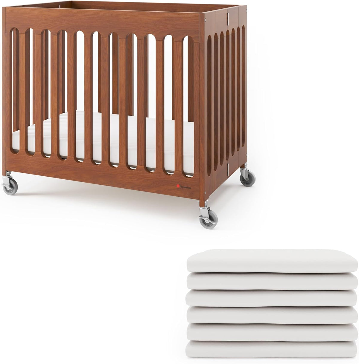 Foundations Boutique Folding Hotel Crib and Sheet Bundle - Includes Wooden Mini Crib with 3" Foam Mattress (Cherry) and 6-Pack White Fitted Compact Sheets