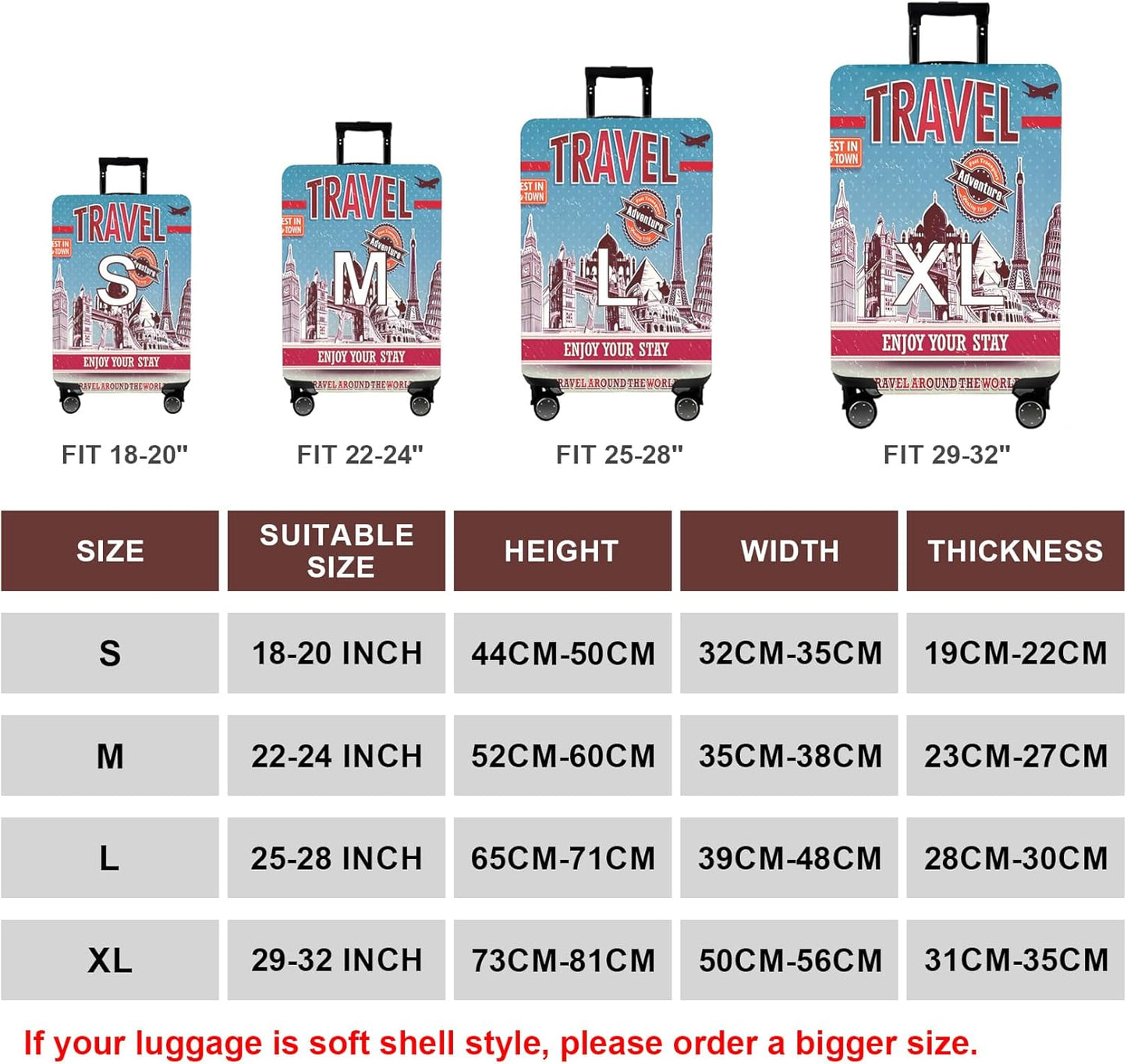WUJIAONIAO Travel Luggage Cover Baggage Suitcase Cover Protector Skins 18-32 Inch (Tourist Attraction A28, XL (for 29-32 inch luggage))