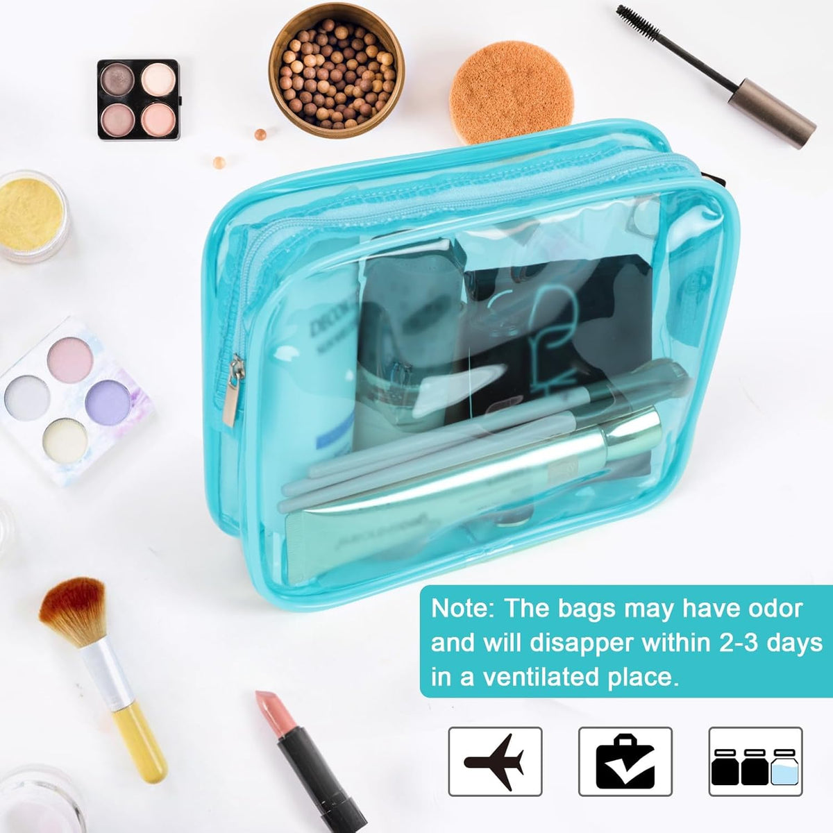 APREUTY Clear Makeup Bags, TSA Approved 6 Pcs Cosmetic Makeup Bags Set Clear PVC with Zipper Handle Portable Travel Luggage Pouch Airport Airline Vacation Organization(Light Blue)