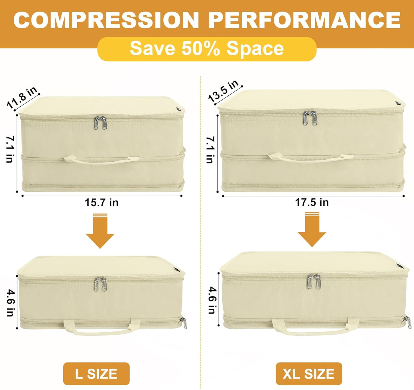 Compression Packing Cubes for Travel Essentials, 2 Pack Expandable Travel Cubes for Packing Bags Suitcase Organizer, Beige