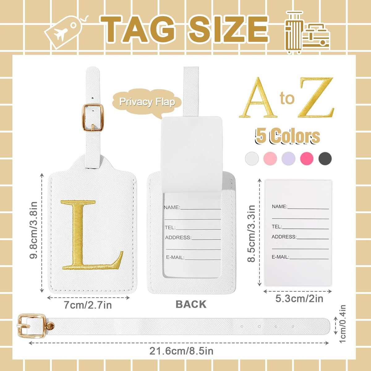 Personalized Initial Luggage Tags for Suitcase TSA Approved, White Leather Cute Luggage Tag with Privacy Cover Name Card, Embroidered Custom Luggage Tags Travel Baggage Tags Gifts for Women Kids(L)