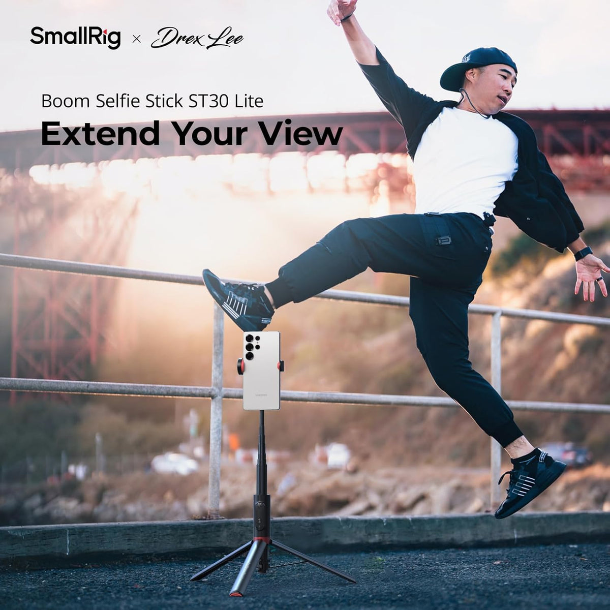 SmallRig x Drex Lee Boom Selfie Stick ST30 Lite, 57.9" Automatic Tripod Stand with Remote and Cold Shoe Mount, for iPhone, for Android, Video Recording, Travel, Vlogging, Black 5292
