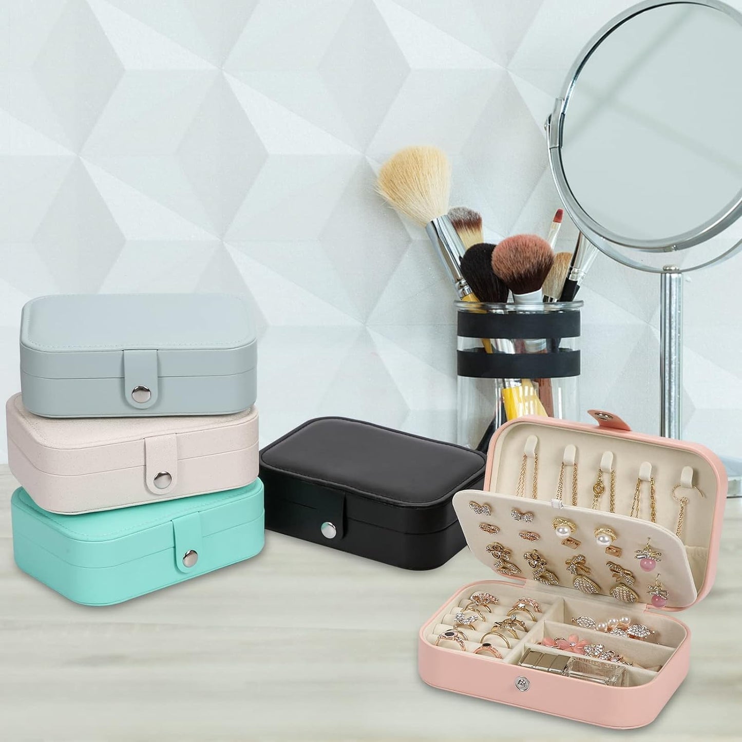 Travel Jewelry Box, PU leather Small Jewelry Organizer For Female Girls, double layer portable mini travel case for storing earrings, rings, necklaces.(pink 2pcs)