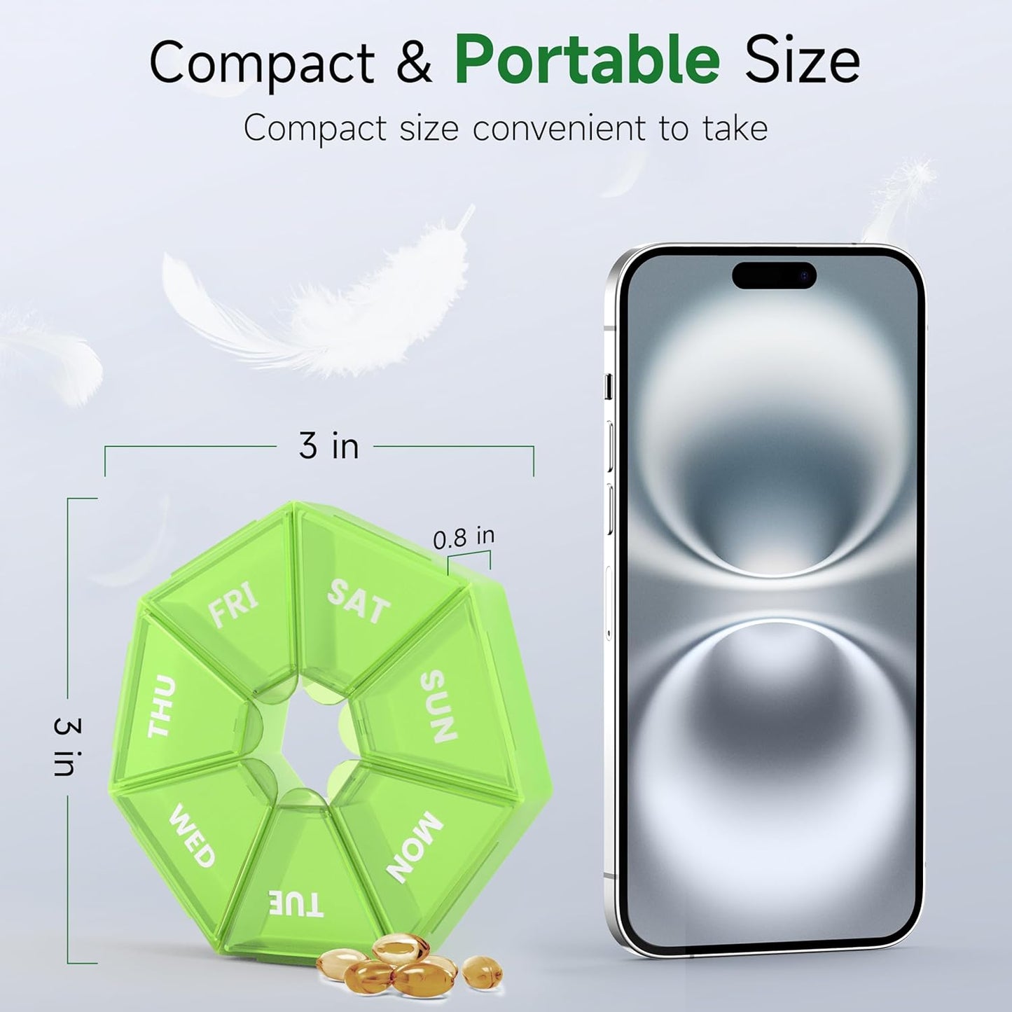 Weekly Pill Organizer, 2 Pack Portable Pill Box Medicine case 6 Colors (Seven Day) New Edition for Vitamin/Fish Oil/Pills/Supplements-Arthritis Friendly (Green)