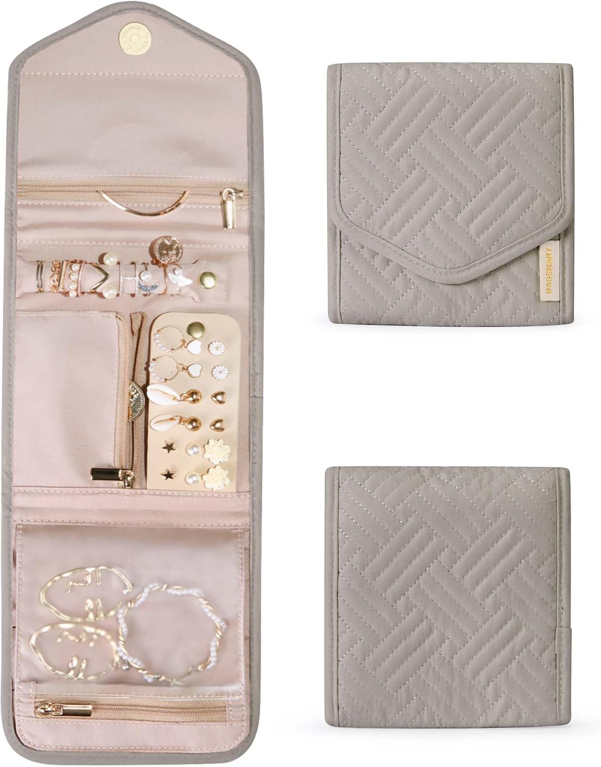 BAGSMART Travel Jewelry Organizer Case Foldable Jewelry Roll for Journey Rings, Necklaces, Earrings, Bracelets,Mini,Warm Gray