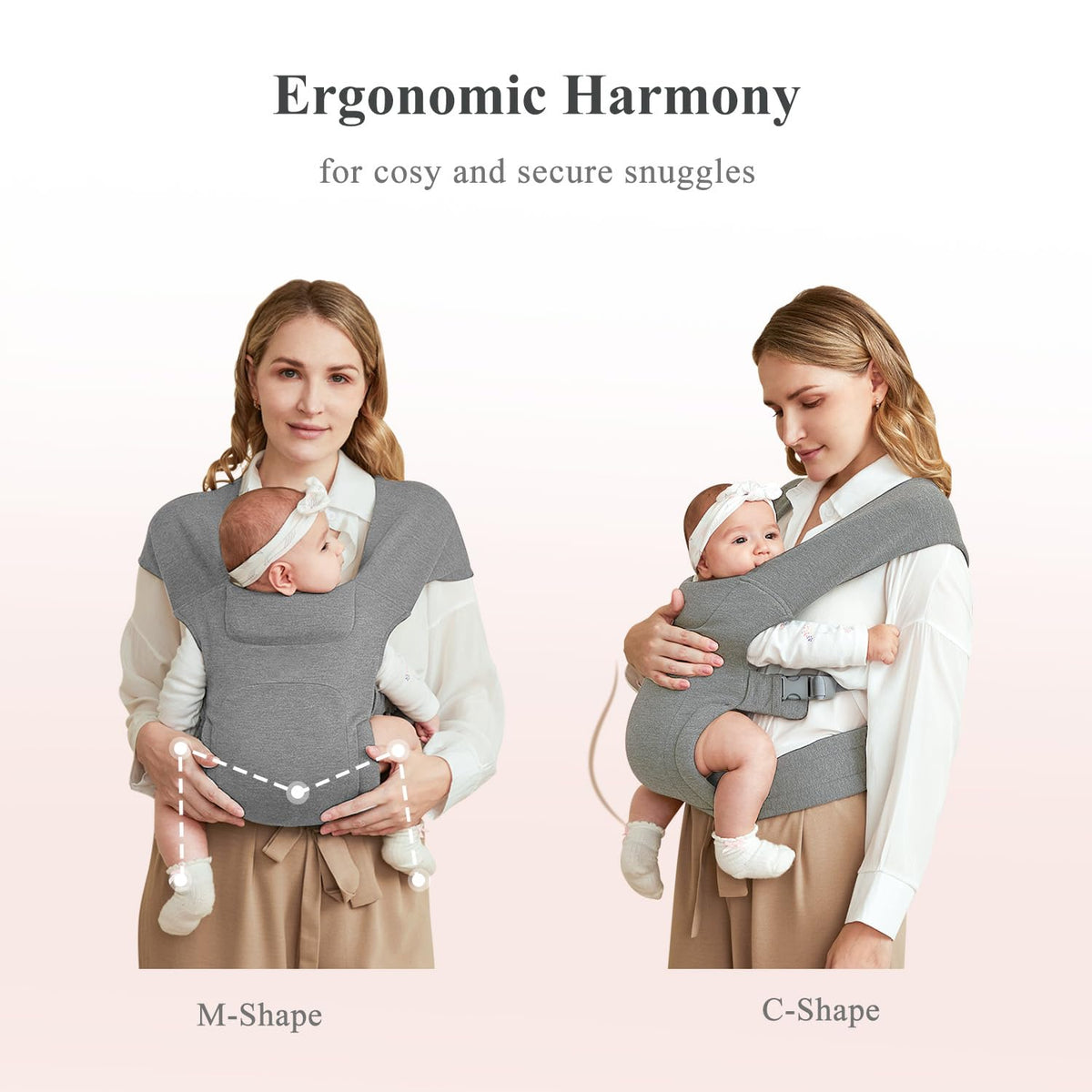 Newborn Carrier, Cozy Baby Carrier, Ergonomic Cross-Back Wrap, Hands-Free with Supportive Comfort, Light Grey