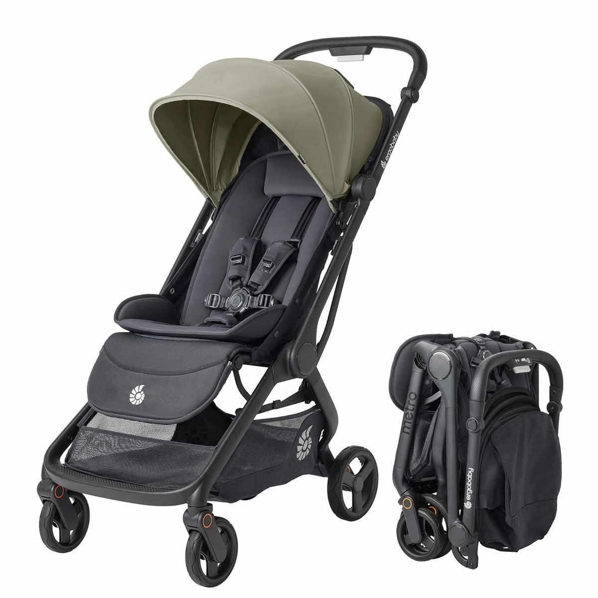 Ergobaby Metro 3 All in One Compact Baby Stroller, Lightweight Travel Stroller, Easy One-Hand Fold for Overhead Airplane Storage (Carries up to 50 lbs), Car Seat Compatible, Soft Olive