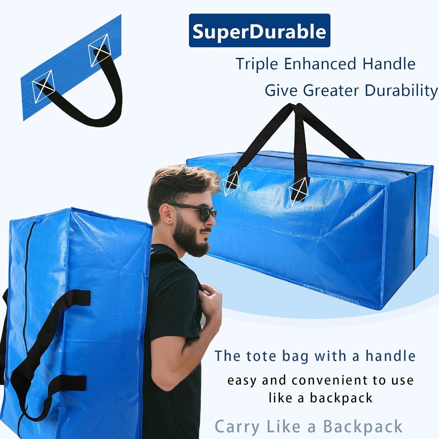 8 Pack Heavy Duty Extra Large Moving Bags Storage Tote - Strong Handles& Backpack Straps - Space Saving Storage Bags Alternative to Moving Boxes and Bins,Compatible with Ikea Frakta Cart, Blue