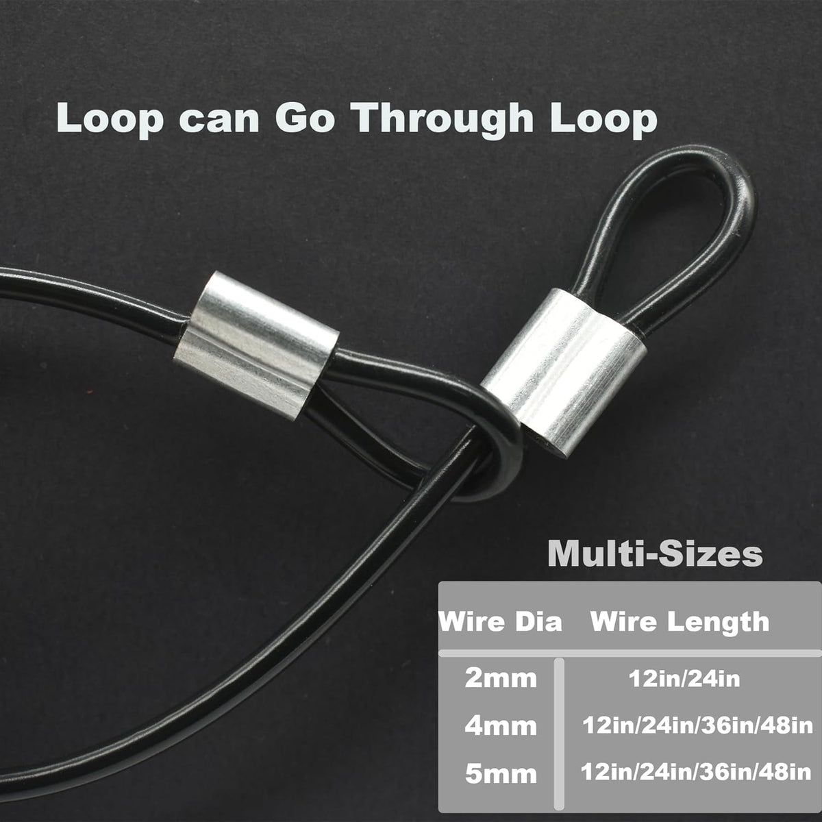5 Pcs 5mm Wire 48 inch Vinyl Coated Stainless Steel Cable with Loops Short Wire Rope Lanyard Lock Security Chain Link for Outdoor Gates, Black(5mm x 48inch)