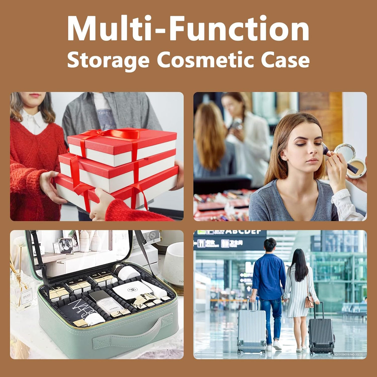 Travel Makeup Bag for Makeup Artists Large Makeup Case,with Mirror 3 Color Setting and Detachable 10x Magnifying Mirror Travel Makeup Bag,Portable Storage and Adjustable Dividers（brown）