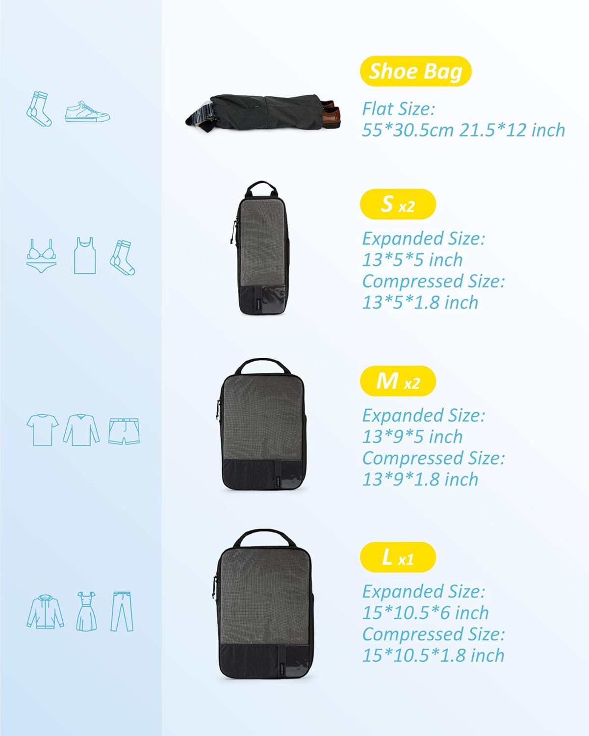 BAGSMART 6 Set Compression Packing Cubes - Lightweight Travel Essentials, Durable Luggage Organizer