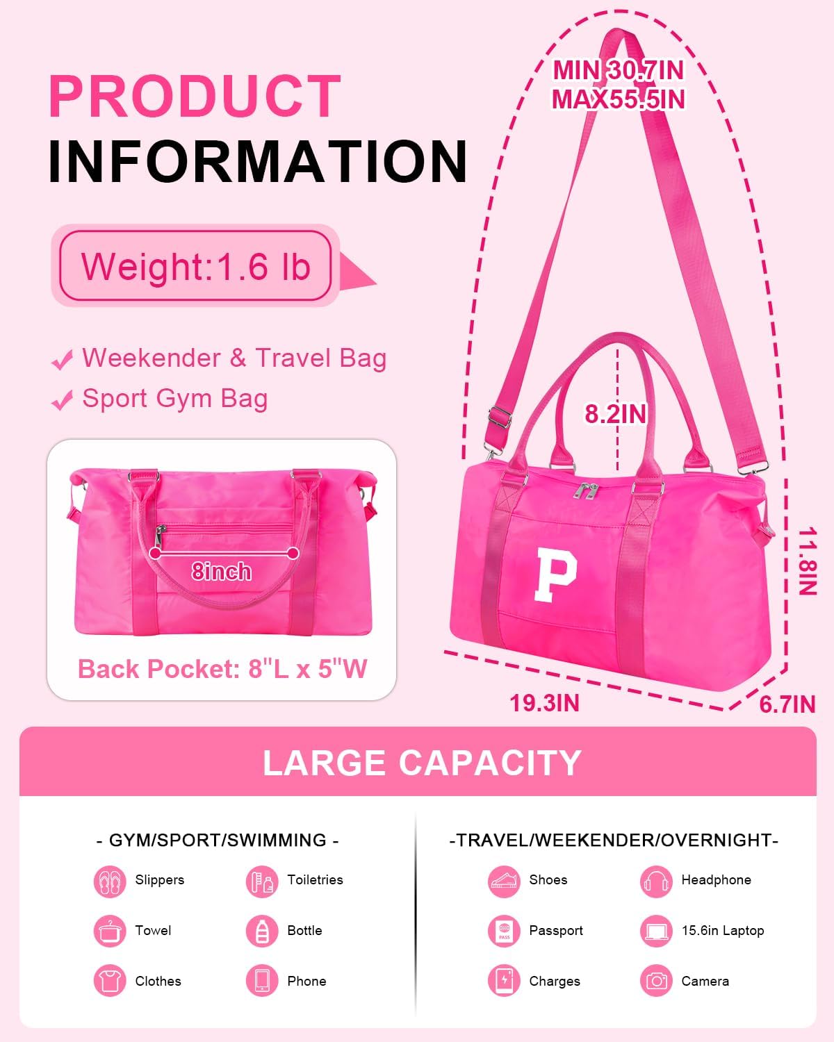 Overnight Bag for Kids Teen Girls Weekender Dance Bag Birthday Graduation Gifts,Initial Travel Duffel Bag Sports Gym Bag Personalized Weekender Bag Carry On Bags Preppy Gifts for Women(Hot Pink, P)