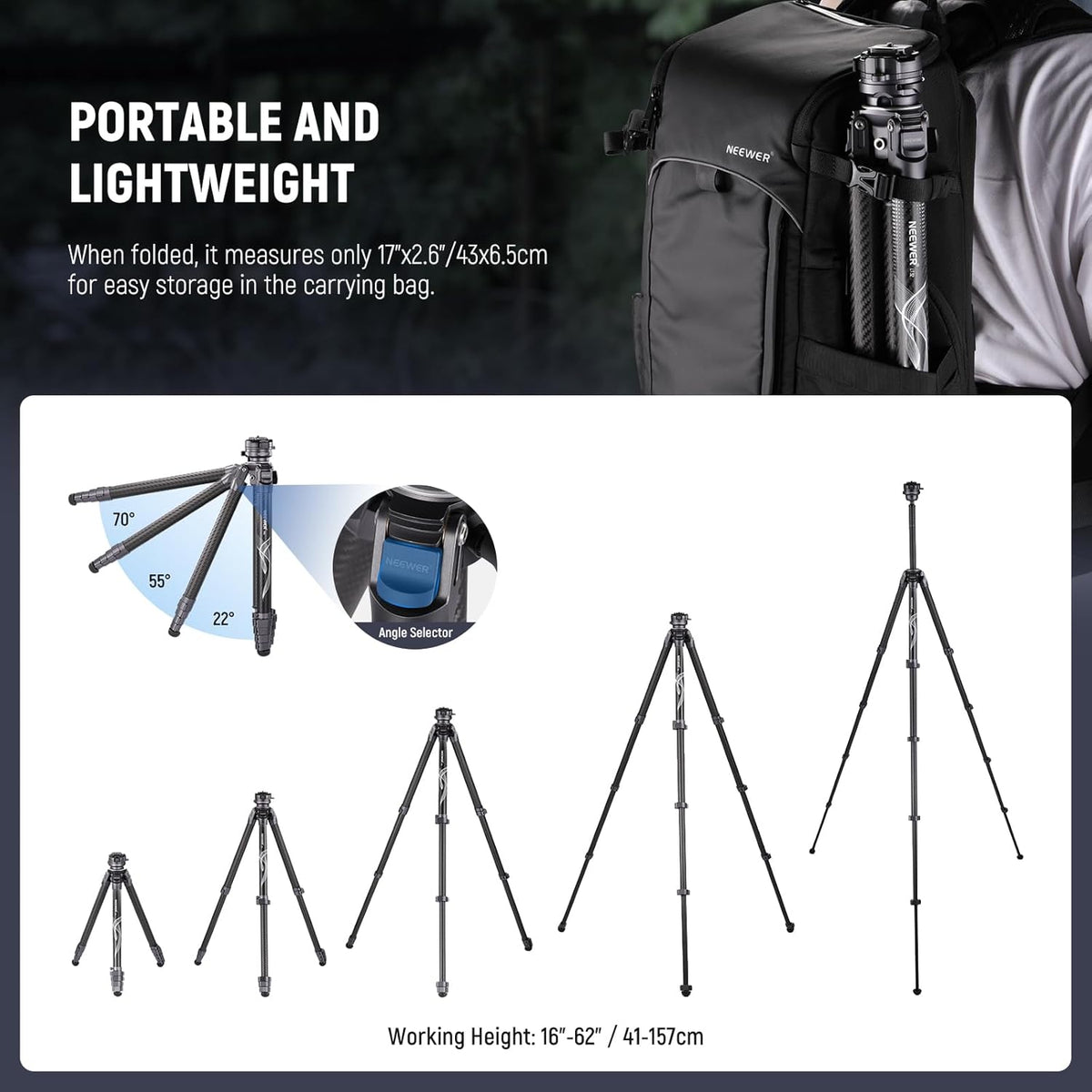 NEEWER LITETRIP LT32 62" Travel Tripod Carbon Fiber with ±15° Leveling Base, Detachable Center Axis, Fast Flip Buckle, 360° Pan Arca Type QR Plate Compatible with Peak Design Capture V3 (Former TP62)