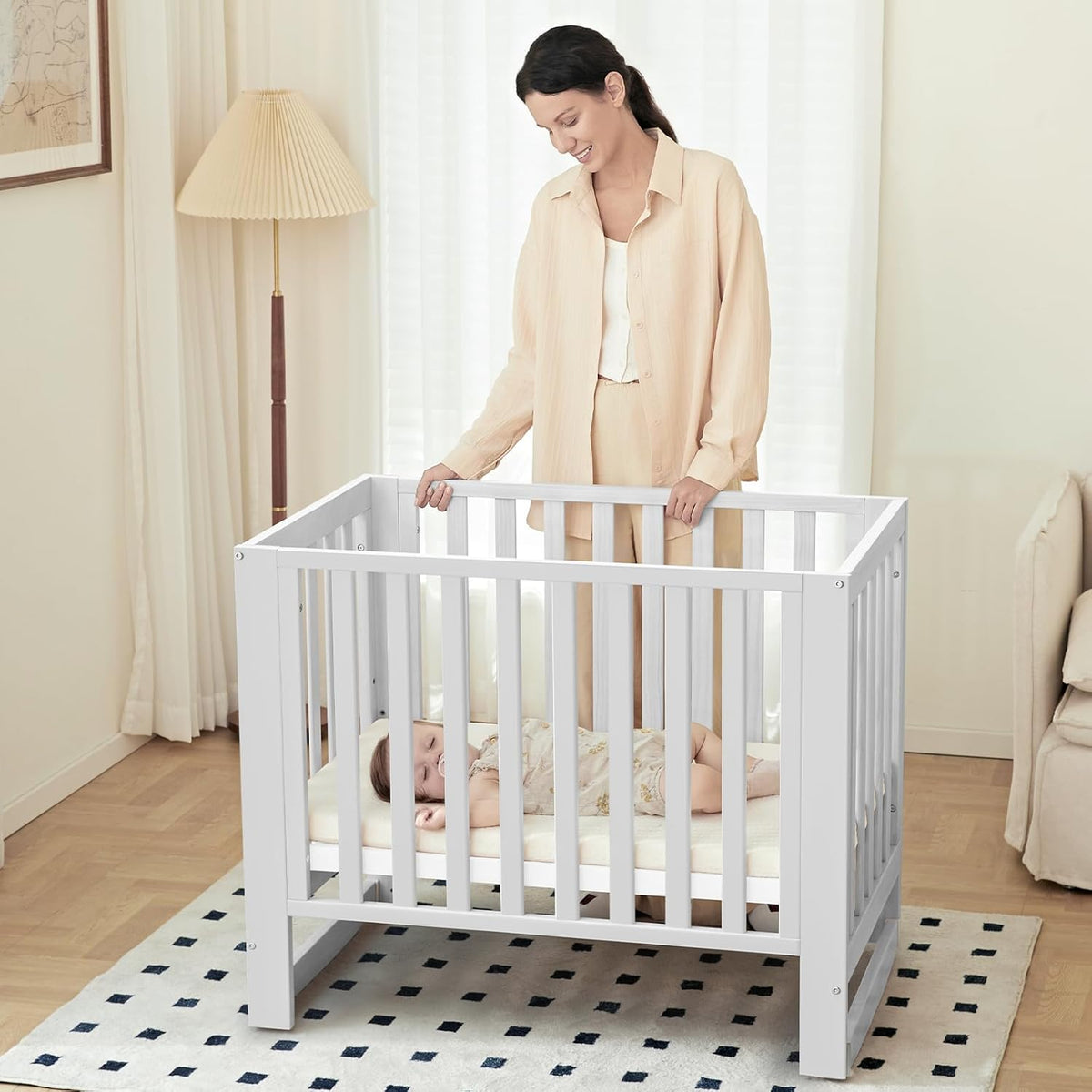 EvoNest Baby Crib, 6 in 1 Convertible Mini Crib with Wheels, 100% New Zealand Pinewood Growing Bed, 4 Adjustable Mattress Height， (Milk)