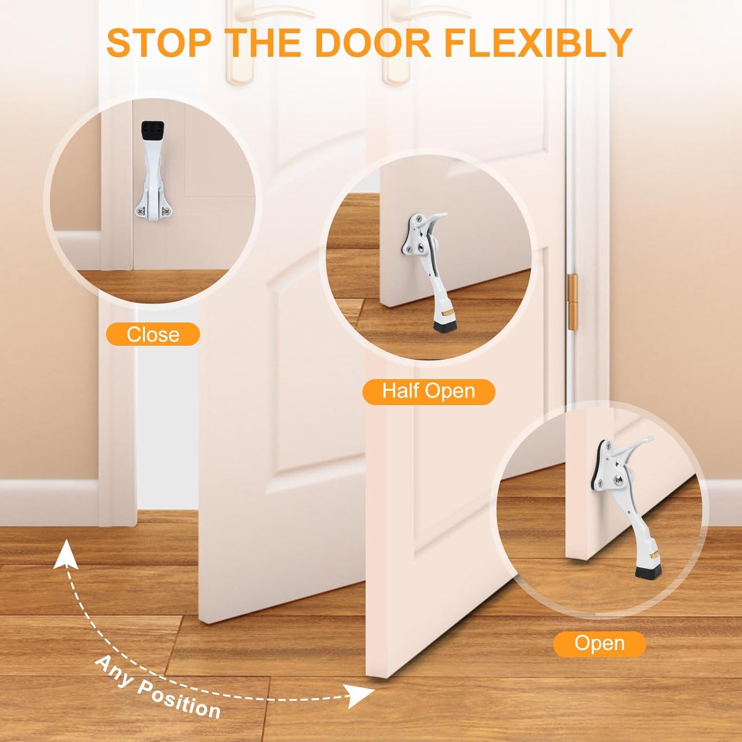 Kick Down Door Stoppers for Bottom of Door, Heavy Duty Kickdown Door Stop, Adjustable Door Stoppers (4 Inch x 1 Pack, White)