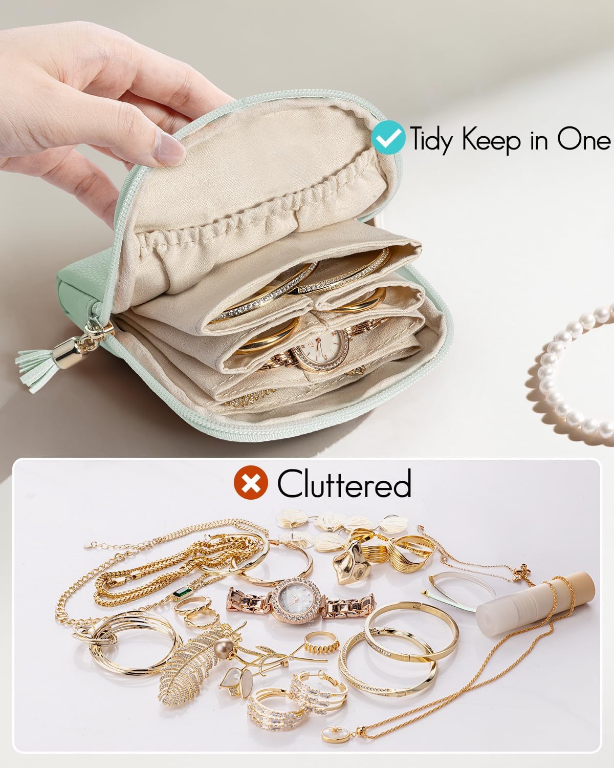 Vlando Small Jewelry Travel Case,Jewelry Pouch Bags with Zipper,Velvet Jewelry Organizer Storage Bag for Bracelet Rings Earring Travel Essentials Gifts for Women Girl-Mint Green