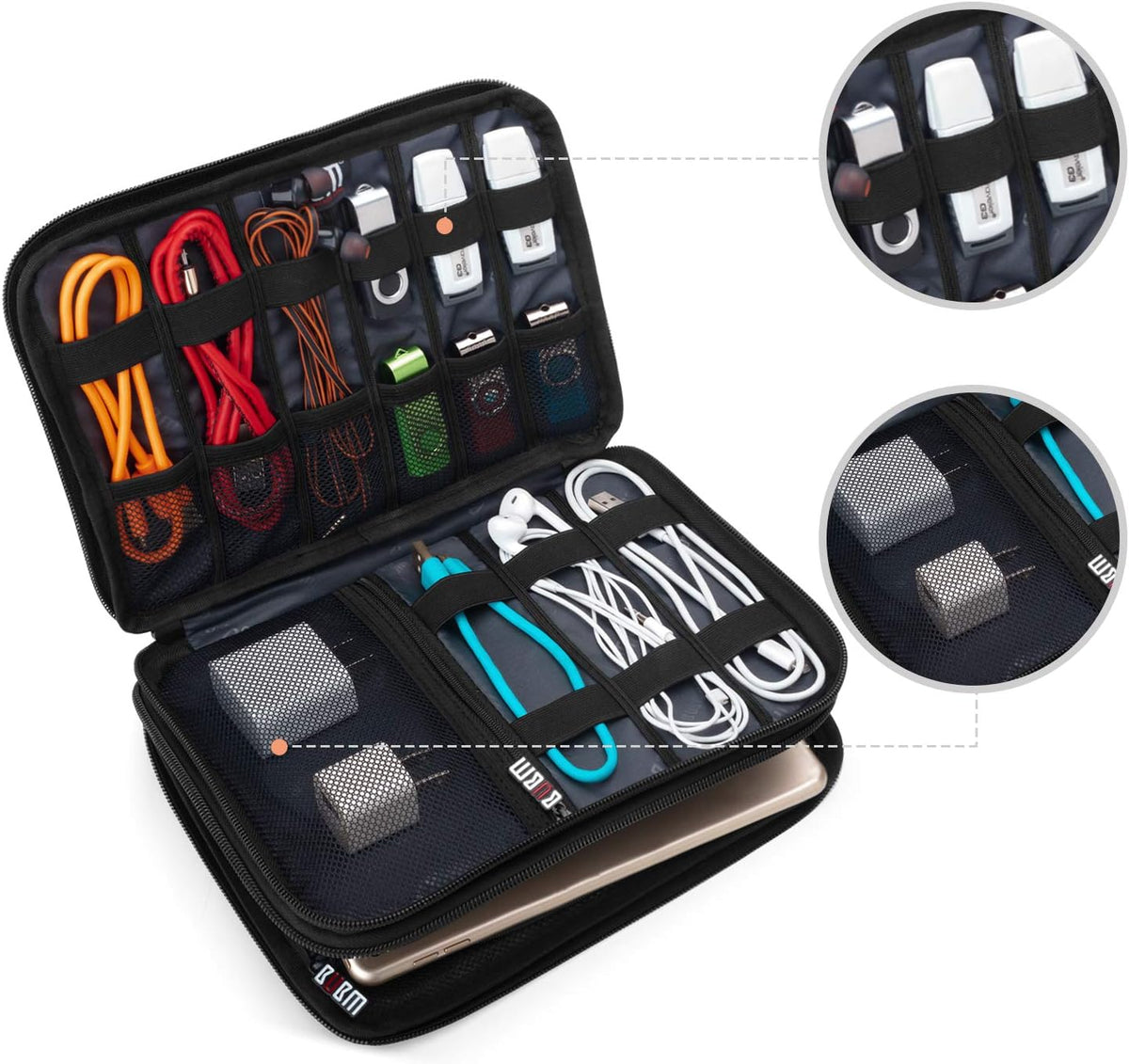 BUBM Double Layer Electronic Accessories Organizer, Travel Gear Bag for Cables, USB Flash Drive, Plug and More, Perfect Size Fits for iPad mini (Medium, Gray)