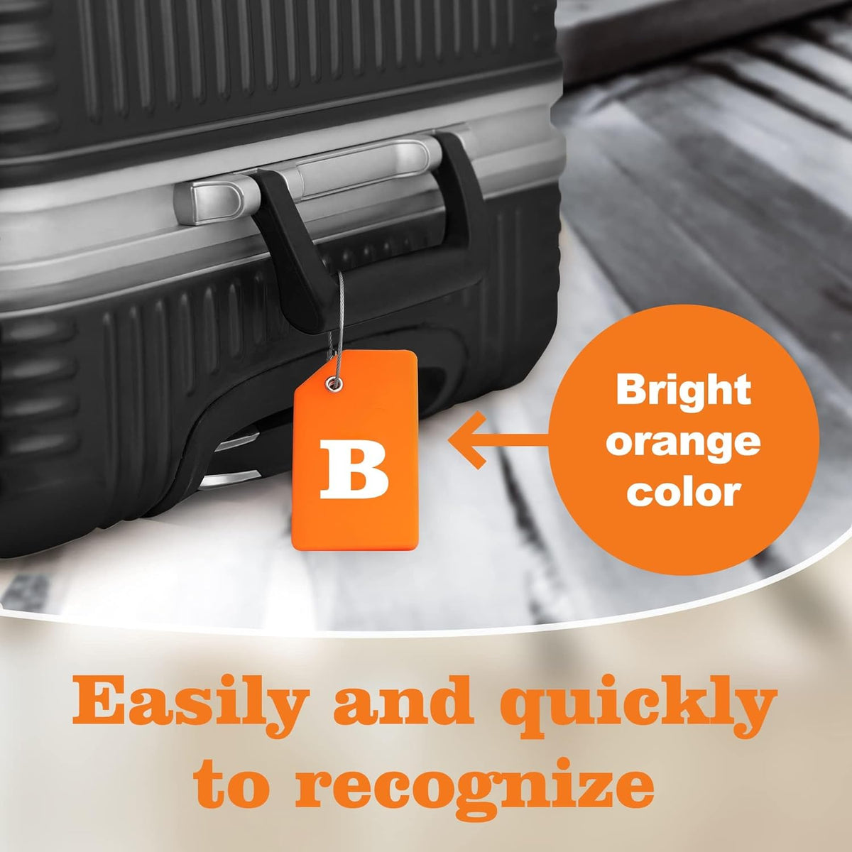 8 Pcs Luggage Tags for Suitcases, 26 Initial Letter Travel Luggage Baggage Identification Labels ID Tags Fully Bendable Tags with Stainless Steel Loop (Letter B, Orange)