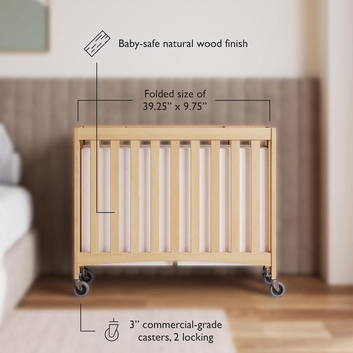 Foundations Compact Travel Sleeper Folding Hotel Crib and Sheet Bundle - Includes Natural Wooden Mini Crib with 2" Foam Mattress and 6-Pack White Fitted Compact Sheets