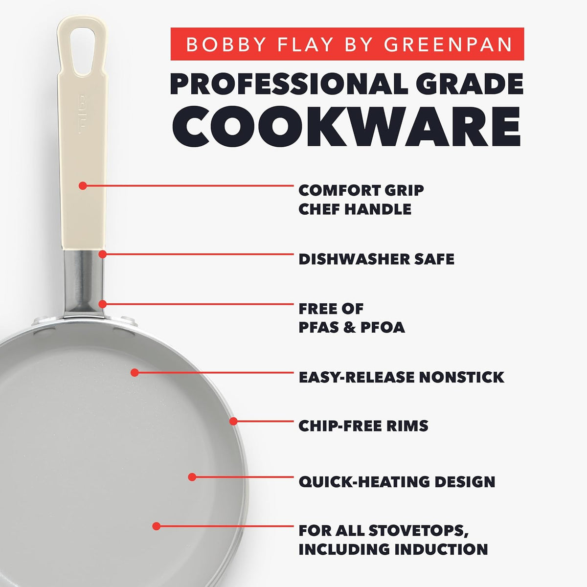 GreenPan x Bobby Flay 13 Piece Nonstick Cookware Pots and Pans Set, PFAS-Free Diamond Ceramic, Induction Suitable, Easy Clean Dishwasher & Oven Safe, Stay-Cool Silicone Handles, Glass Lids, Cream