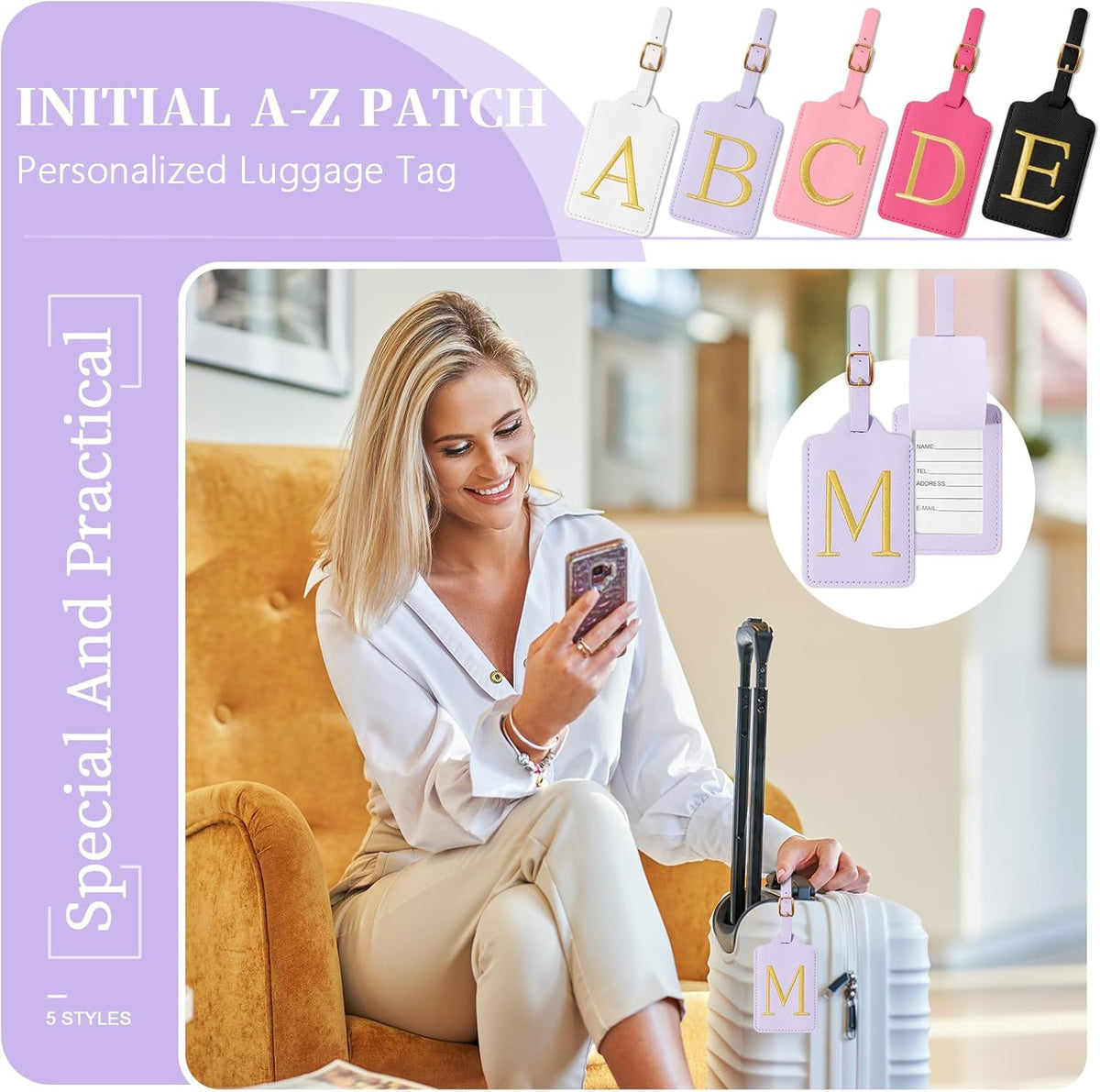 Personalized Initial Luggage Tags for Suitcase, Purple Leather Cute Luggage Tags with Privacy Cover Name Card, Embroidered Custom Monogrammed Luggage Tag Travel Backpack Tags Gifts for Women Kids(M)
