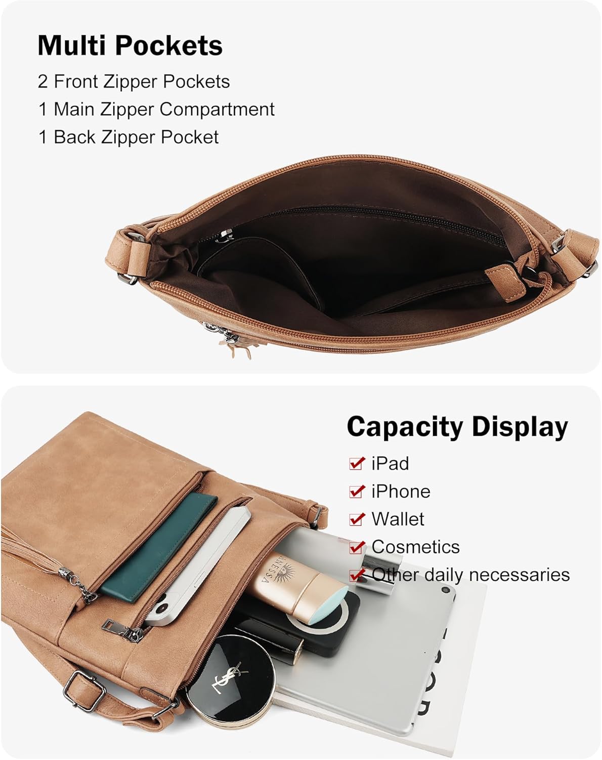 MASINTOR Crossbody Purses for Women, Multi Pocket Casual Crossbody Bag, Adjustable Strap Shoulder Bag with Tassel