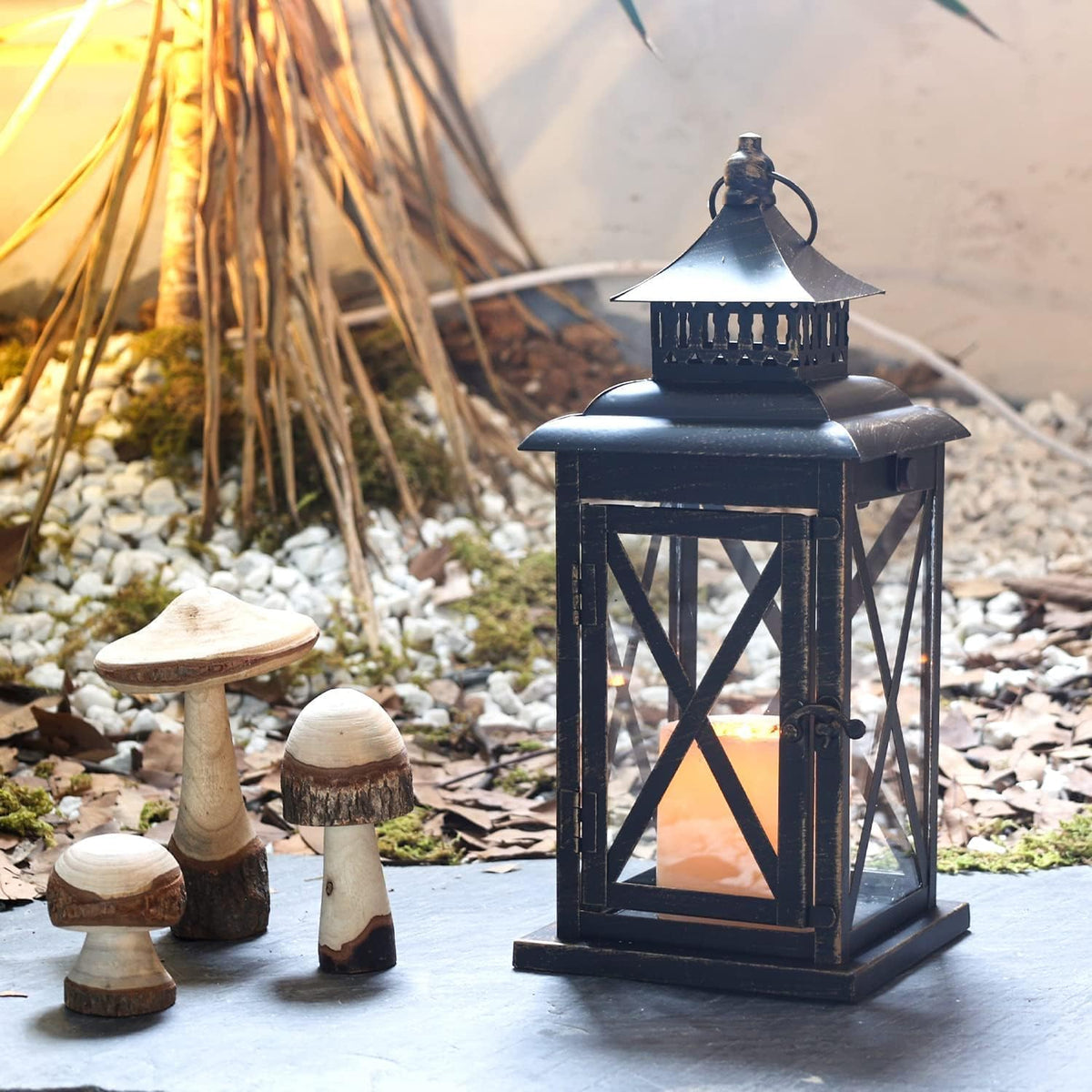 DECORKEY Lantern Decorative Indoor & Outdoor, Large Hanging Candle Lanterns Home Decor, Vintage Metal Candle Holders for Front Porch Patio Wedding Party, Halloween Christmas Decorations (Black)