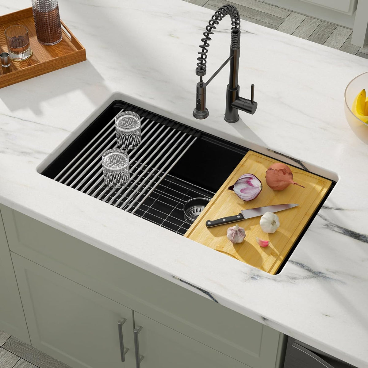 Dcolora 33 inches Granite Composite Kitchen Sink Workstation Black Undermount Single Bowl Large Kitchen Sink 33"W x 19"D x 10"H, DC-GU7743