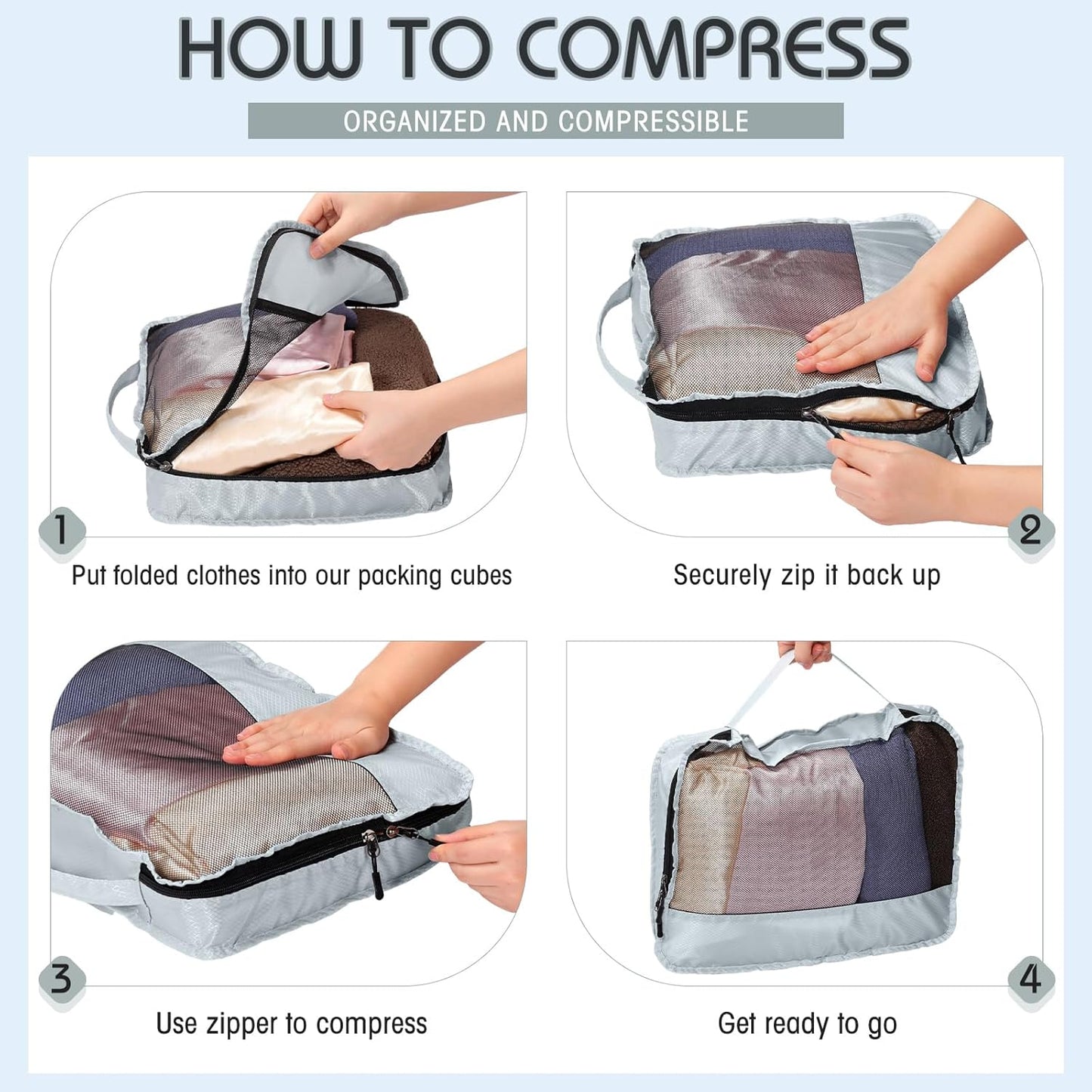 5 Pcs Packing Cubes for Suitcase Large Travel Cubes Carry on Luggage Organizer Bags for Clothes Accessories(M,Gray)