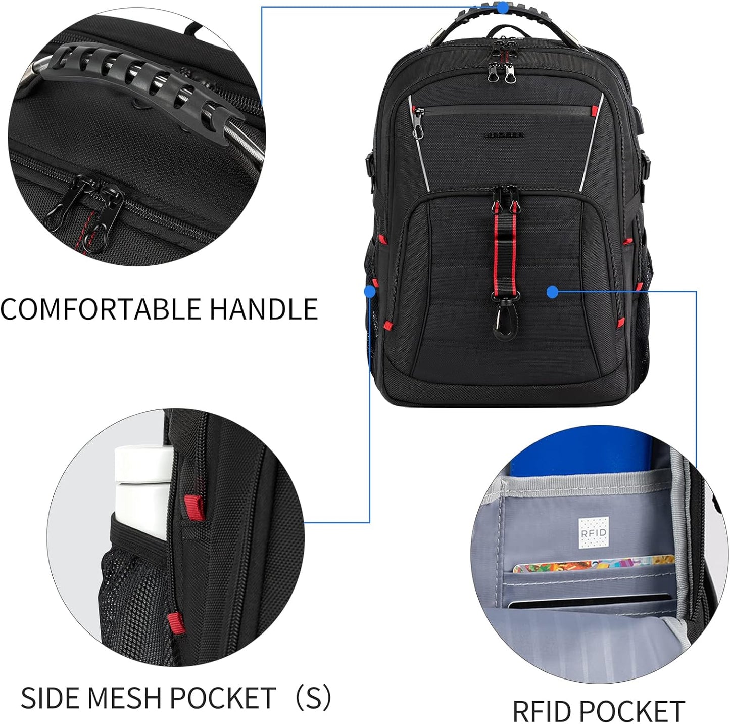 KROSER Travel Laptop Backpack 18.4 inch XXXL Computer Backpack Stylish College Backpack with RFID Pockets USB Charging Port REFLECTIVE STRIPS Water-Repellent Day pack for Business/Men