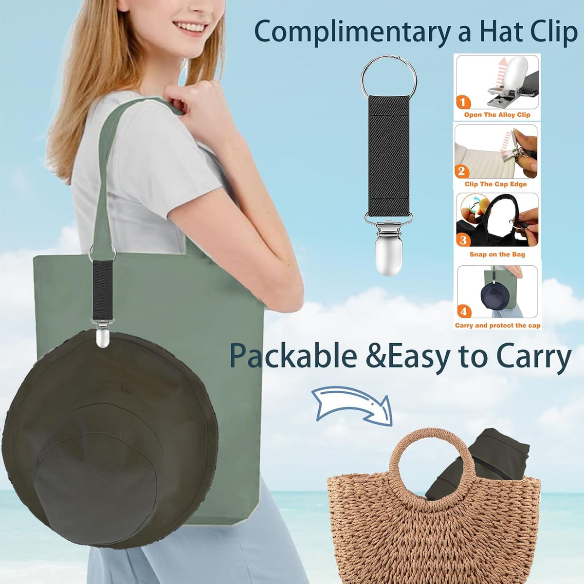vidsel Womens Sun Hats Wide Brim Reversible Bucket Cotton Hat Packable Summer Travel Cap with Hat Clip,UV Protection