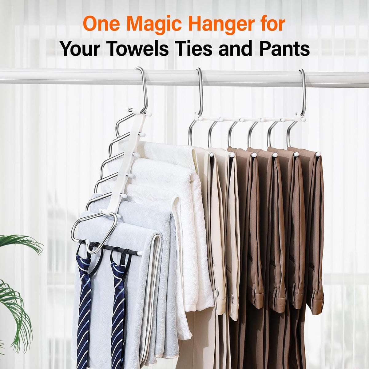 Upgraded Collapsible Pants Hangers Space Saving, 6 Layers Clothes Rack, Stainless Steel Multifunctional Closet Organizer, Non Slip Metal Hangers for Pants Jeans Skirts Trousers (1 Pack)