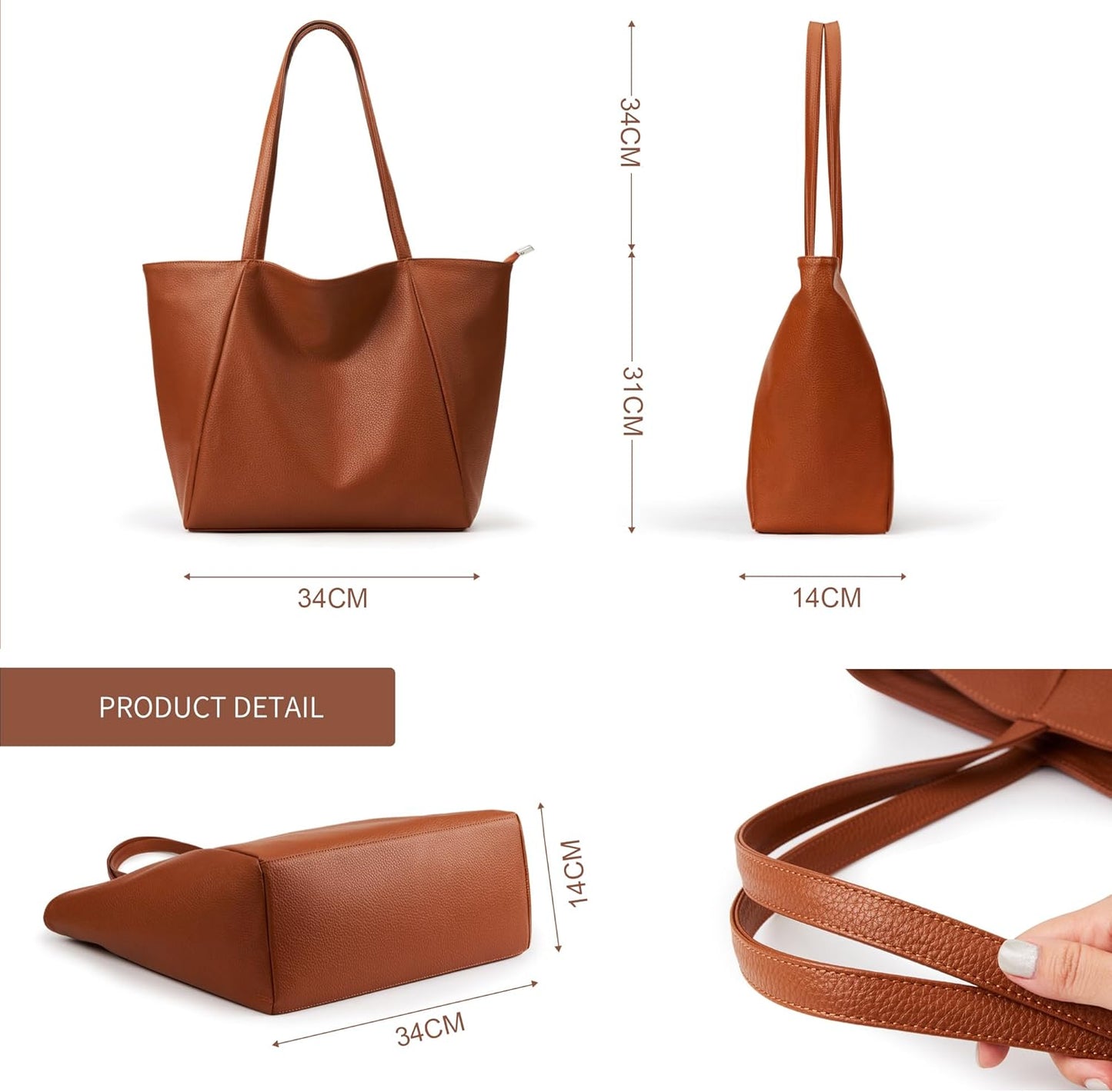 KALIDI Large Tote Bag Vegan Leather Casual Zipper Work Bag Weekender Hobo for Women 23L Oversize Shoulder Travel Purse