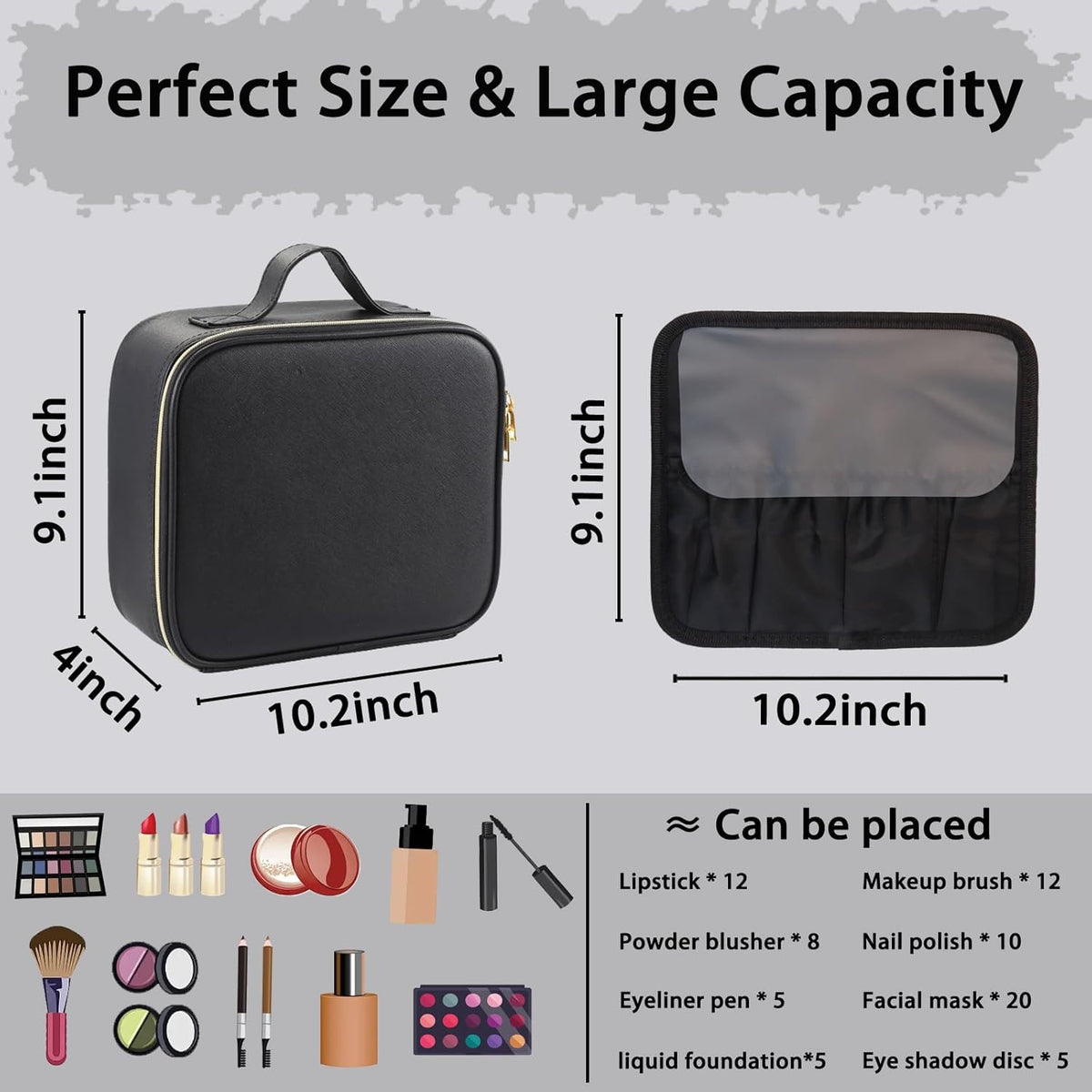 Makeup Bag with Led Mirror,Travel Makeup Organizer with 3 Color Setting, Portable Storage and Adjustable Dividers Travel Makeup Bag(Black)