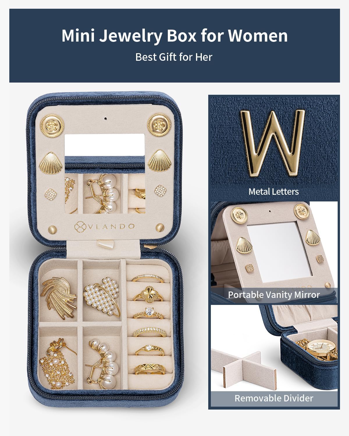 Vlando W Initial Jewelry Box, Women Travel Gifts - Dark Blue