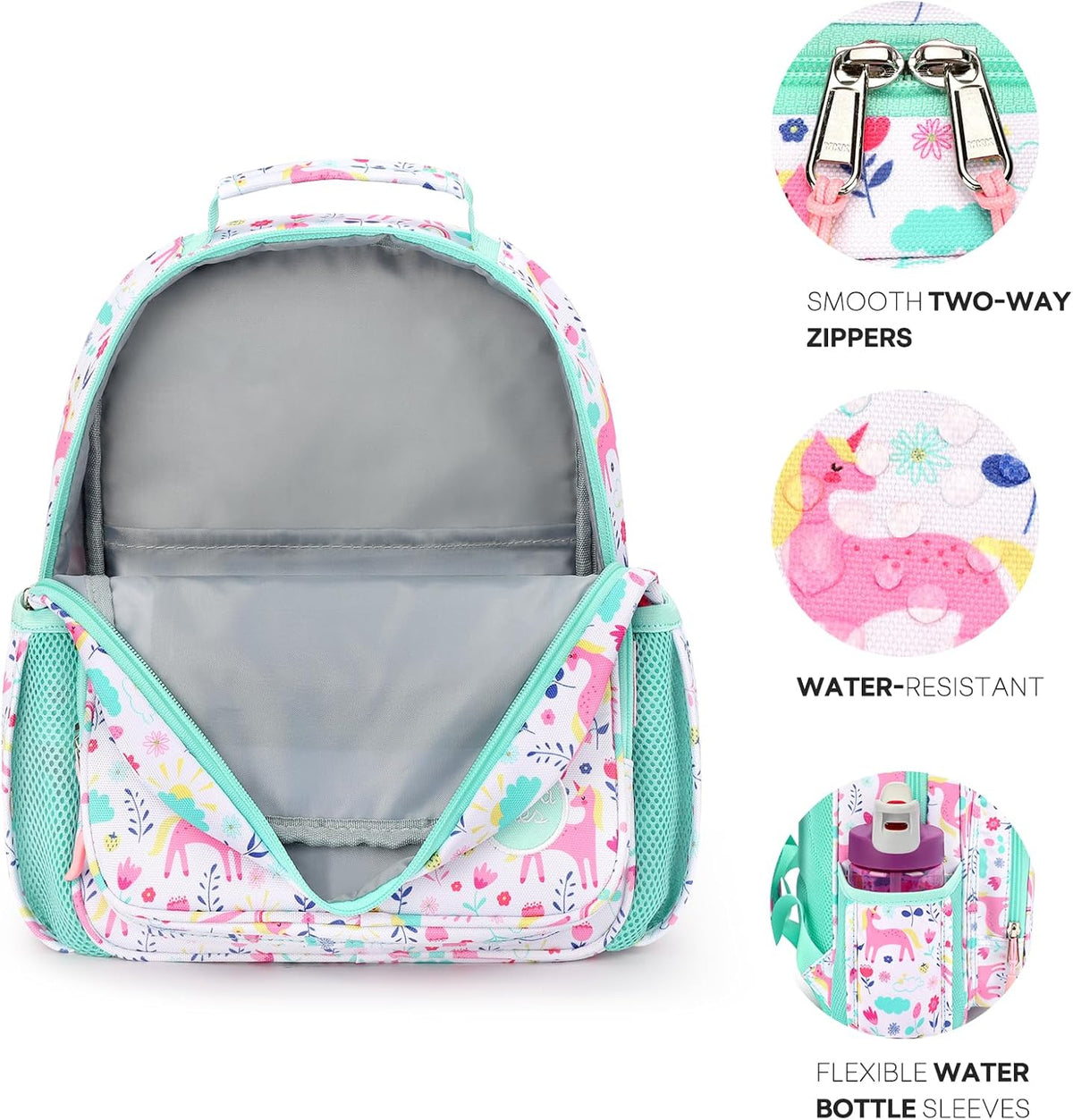 mibasies Toddler Backpack for Girls 2-4: Cute Kids Backpacks for Girls - Preschool Kindergarten Backpack - Unicorn Garden Turquoise