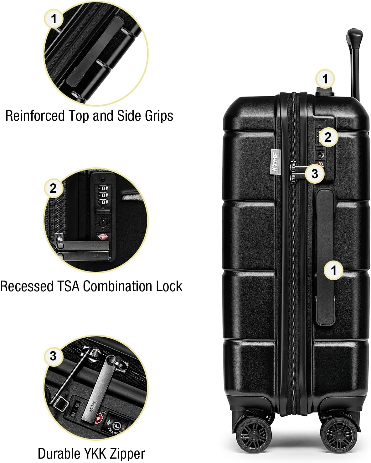 KYME Luggage Sets 2 Piece Hardshell 22"/26" Suitcase with Spinner Wheels Hardside Suitcases Sets with TSA Lock Lightweight Travel Luggage Set with Cup Holder for Women Men Black