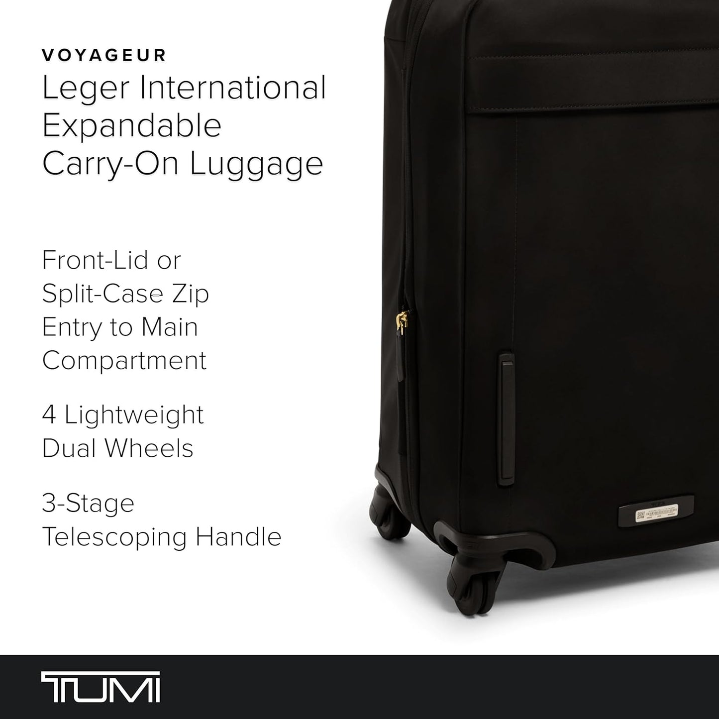 TUMI - Voyageur Leger 4 Wheeled Luggage - Women's Lightweight and Spacious, Sleek Silhouette, Durable Premium Suitcase - 21.8" International Expandable Carry-On, Black with Gold Hardware