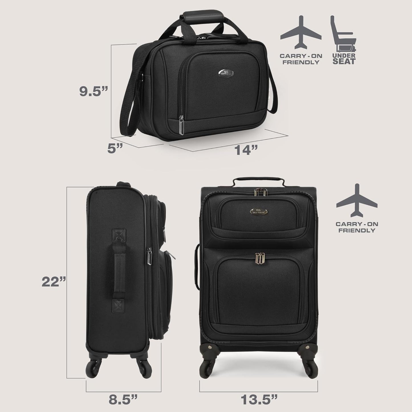 U.S. Traveler Lightweight Rolling 20" Carry On Luggage Softside Suitcase, Black, 4 Wheel
