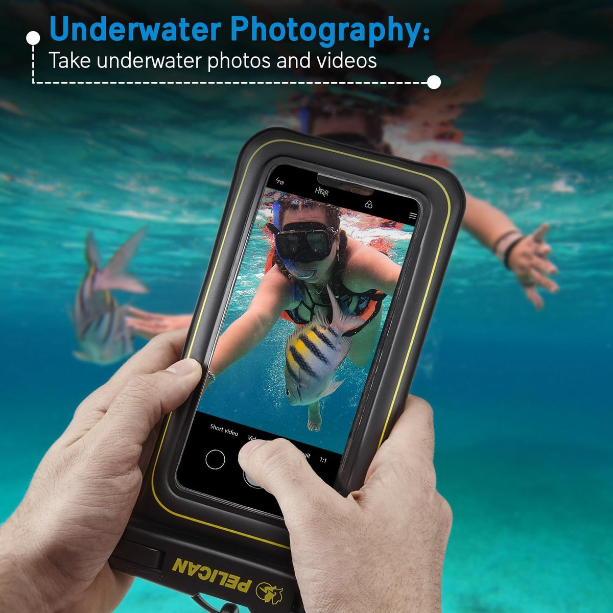 Pelican 4 Pack Marine - IP68 Waterproof Phone Pouch (Regular Size) Floating Waterproof Phone Case - Beach Cruise Ship Travel Essentials - Works w/All Phones - Detachable Lanyard - Black/Hi-Vis Yellow
