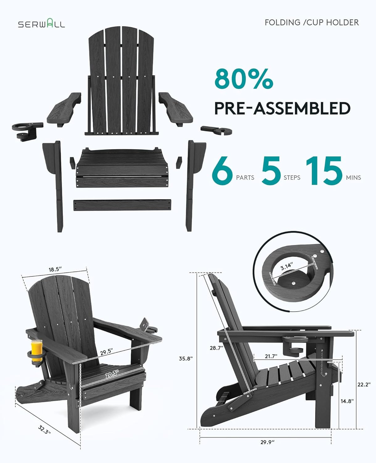 SERWALL Foldable Adirondack Chair Set of 2, HDPE Adirondack Chair with Wood-Texture-Gray