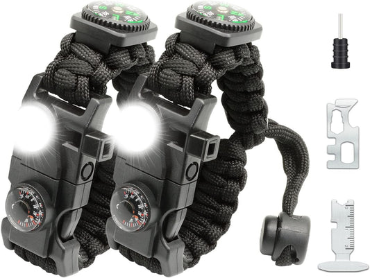 20 in 1 Survival Paracord Bracelet Adjustable Gear Kit with SOS LED Light, Fire Starter, Bigger Compass, Survival Whistle, Perfect for Camping, Hiking, Fishing
