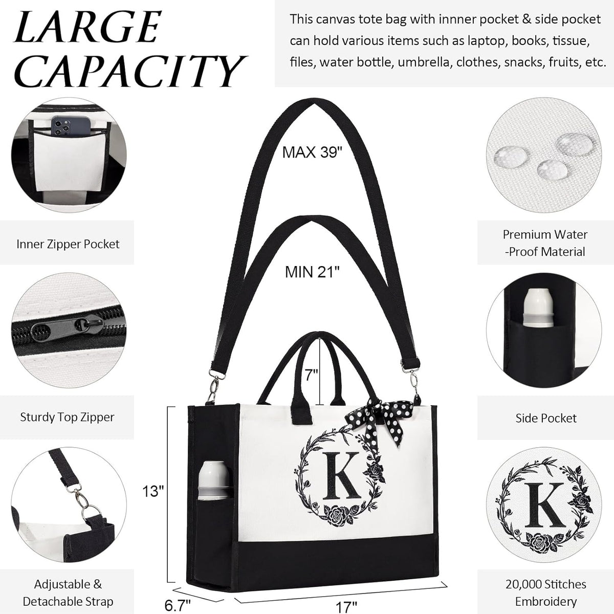 Personalized Mothers Day Gifts for Mom Women, Initial Canvas Tote Bag & Makeup Bag Monogrammed Beach Tote Bag for Women w/Zipper, Birthday Gifts for Her Sister Friend Girlfriend Wife Daughter Teacher