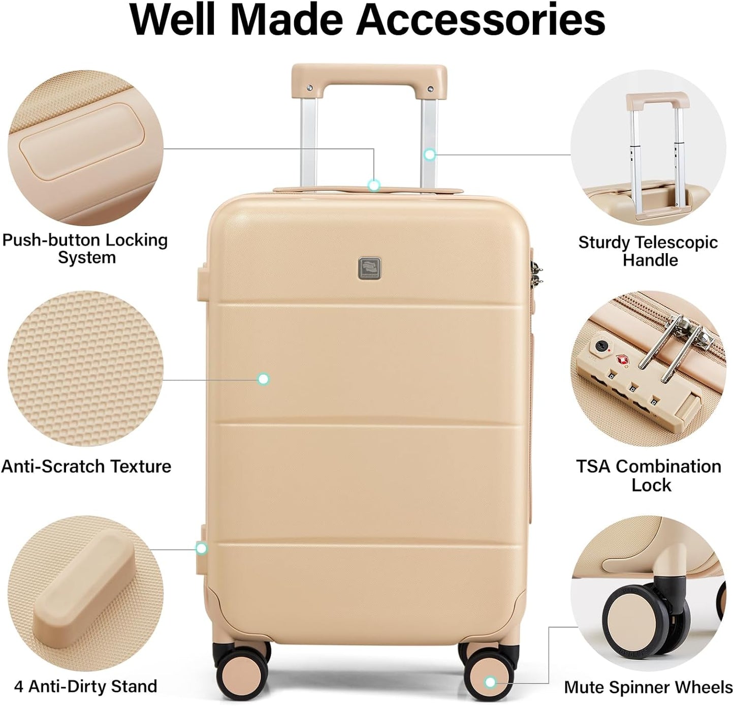 Hanke 20 Inch Carry On Luggage 22x14x9 Airline Approved PC Hard Shell Suitcases with Wheels TSA Luggage for Women Men Lightweight Travel Luggage(Cuba Sand)