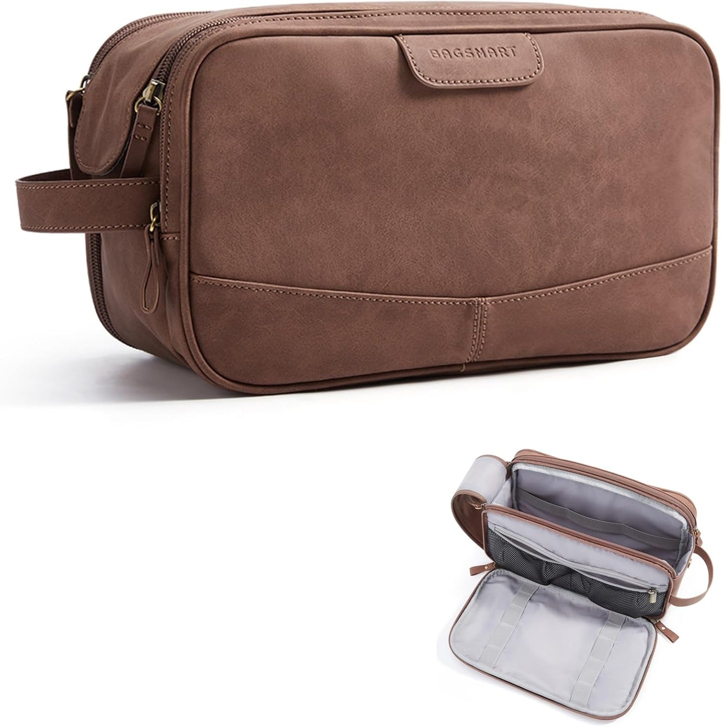 BAGSMART Toiletry Bag for Men, PU Leather Travel Bag for Toiletries, Dopp Kit Water Resistant Shaving Bag for Bathroom Shower-Light Brown