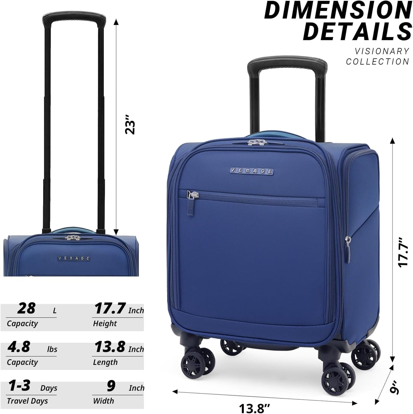 Verage Under Seat Luggage with Wheels, Softside Small Suitcase Spinner Carry On Luggage Bags for Airlines Airplanes Short Trip Men Women (Navy, 14.5-Inch Plus Underseat)