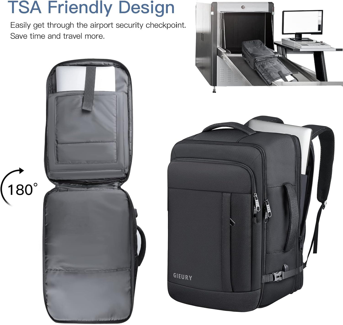 Carry On Backpack, 50L Travel Backpack, Luggage Backpack TSA Flight Approved Laptop Backpack for Men & Women, Large Expandable 40L Daypack Lightweight Business Weekender Bag, Black